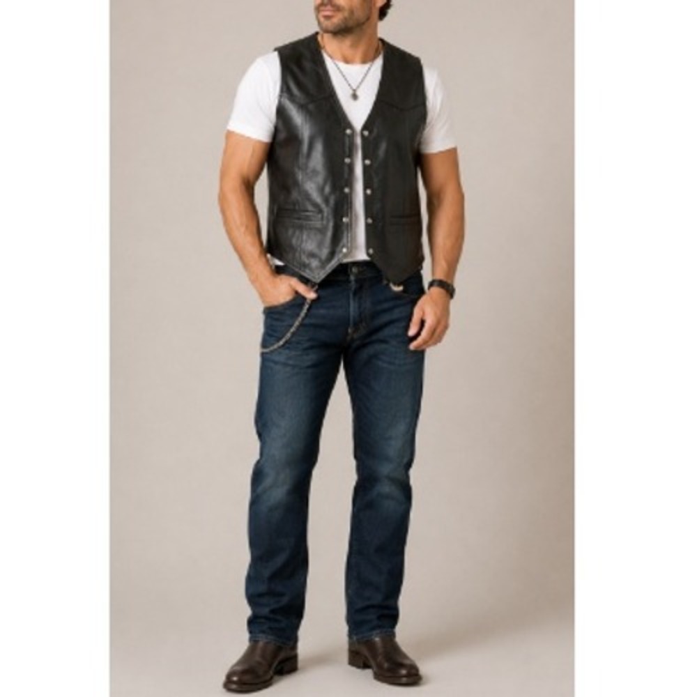 The DEFY Men's Black Genuine Leather Motorcycle Biker Vest Size XL